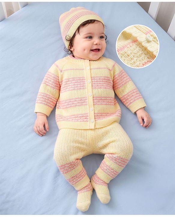 Babyhug Knit Raglan Full Sleeves Striped Four Piece Sweater Set With Cap & Booties - OffWhite