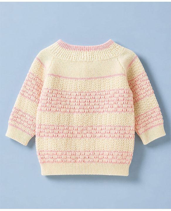 Babyhug Knit Raglan Full Sleeves Striped Four Piece Sweater Set With Cap & Booties - OffWhite