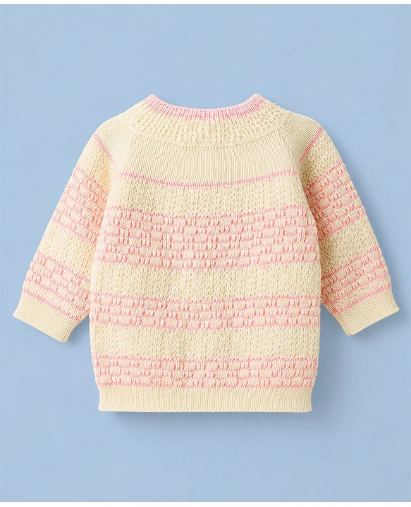 Babyhug Knit Raglan Full Sleeves Striped Four Piece Sweater Set With Cap & Booties - OffWhite