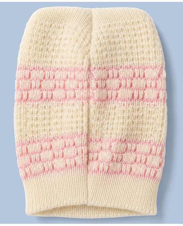 Babyhug Knit Raglan Full Sleeves Striped Four Piece Sweater Set With Cap & Booties - OffWhite