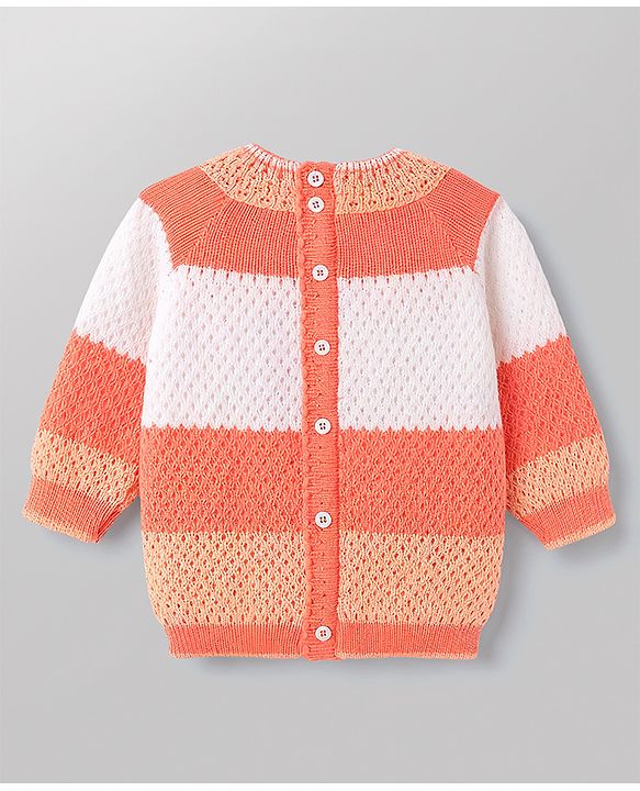 Babyhug Knit Full Raglan Sleeves Striped Sweater Set with Cap & Booties - Coral