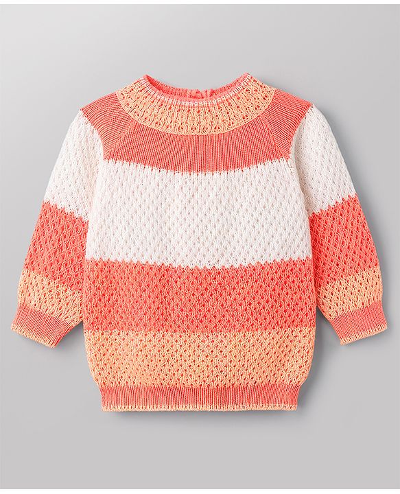 Babyhug Knit Full Raglan Sleeves Striped Sweater Set with Cap & Booties - Coral