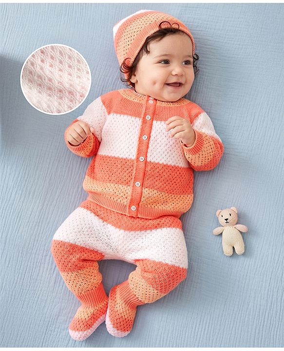 Babyhug Knit Full Raglan Sleeves Striped Sweater Set with Cap & Booties - Coral