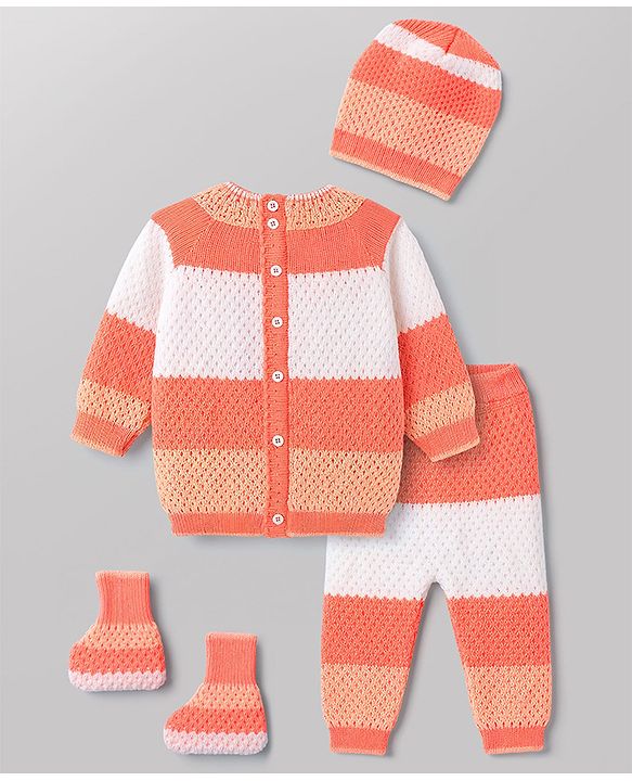 Babyhug Knit Full Raglan Sleeves Striped Sweater Set with Cap & Booties - Coral