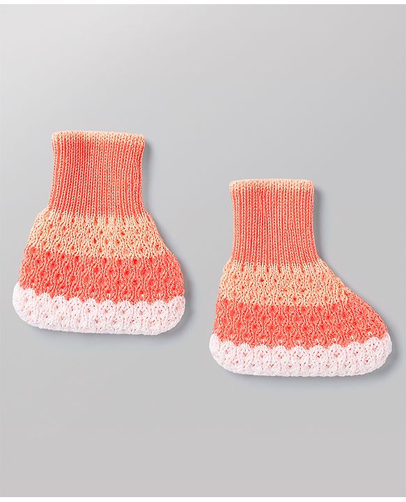 Babyhug Knit Full Raglan Sleeves Striped Sweater Set with Cap & Booties - Coral