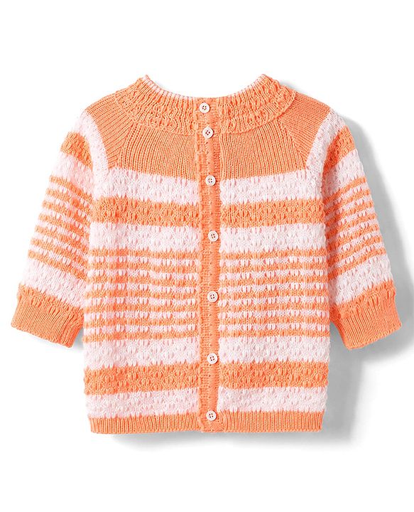 Babyhug Knit Full Raglan Sleeves Front Open Striped Sweater Set With Cap & Booties - Orange