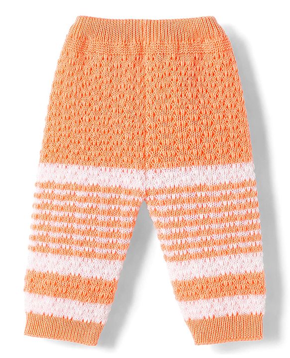 Babyhug Knit Full Raglan Sleeves Front Open Striped Sweater Set With Cap & Booties - Orange