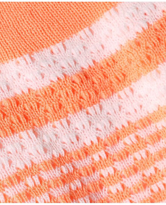 Babyhug Knit Full Raglan Sleeves Front Open Striped Sweater Set With Cap & Booties - Orange