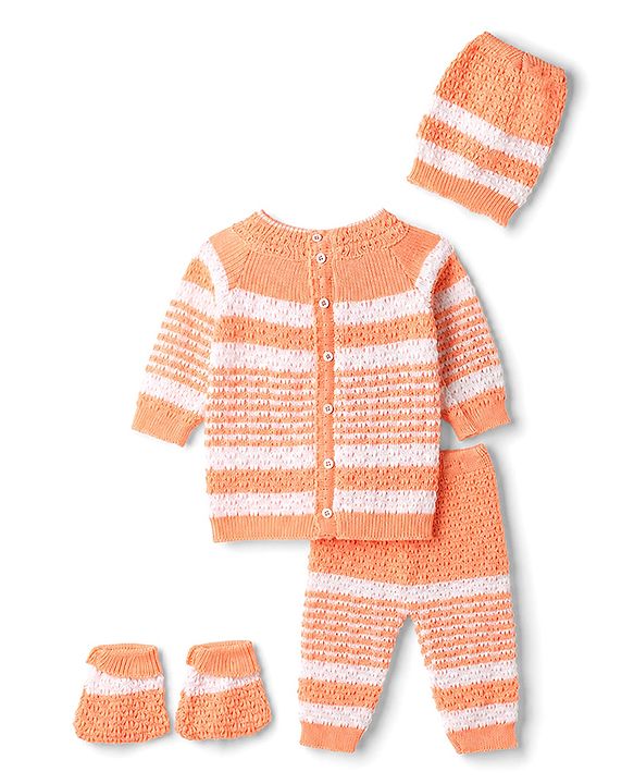 Babyhug Knit Full Raglan Sleeves Front Open Striped Sweater Set With Cap & Booties - Orange