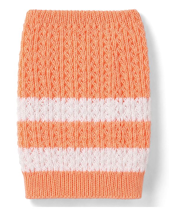 Babyhug Knit Full Raglan Sleeves Front Open Striped Sweater Set With Cap & Booties - Orange