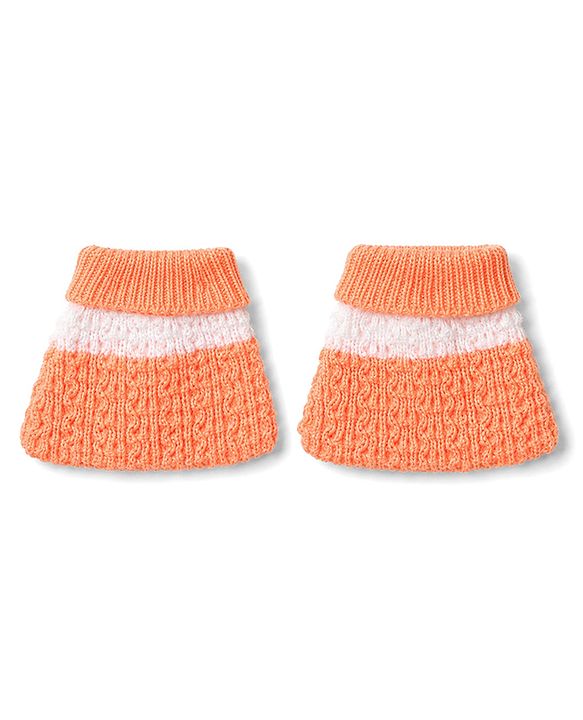 Babyhug Knit Full Raglan Sleeves Front Open Striped Sweater Set With Cap & Booties - Orange
