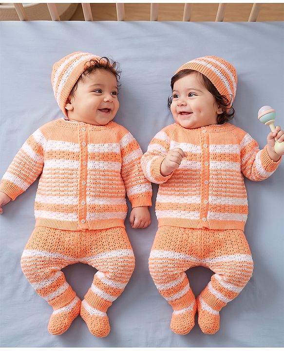Babyhug Knit Full Raglan Sleeves Front Open Striped Sweater Set With Cap & Booties - Orange