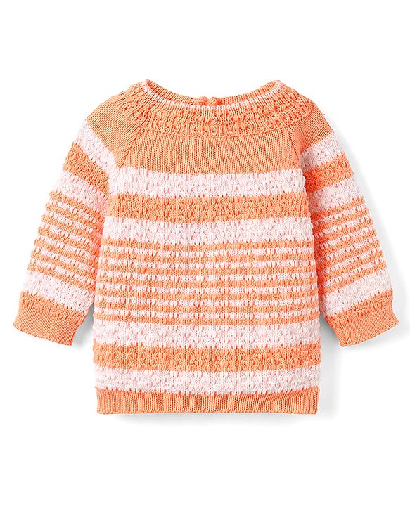 Babyhug Knit Full Raglan Sleeves Front Open Striped Sweater Set With Cap & Booties - Orange
