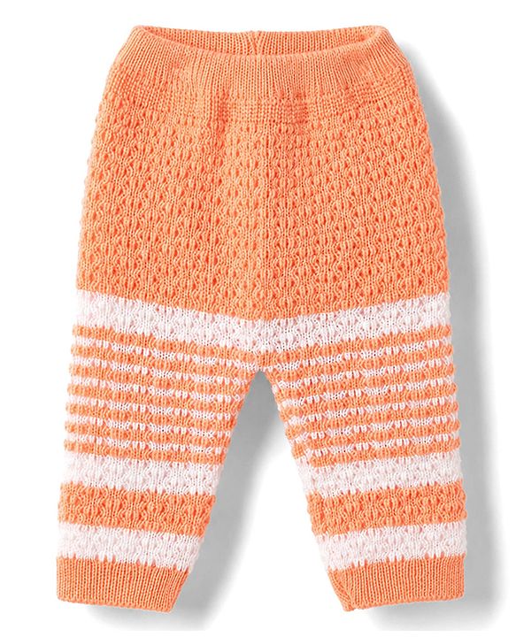 Babyhug Knit Full Raglan Sleeves Front Open Striped Sweater Set With Cap & Booties - Orange
