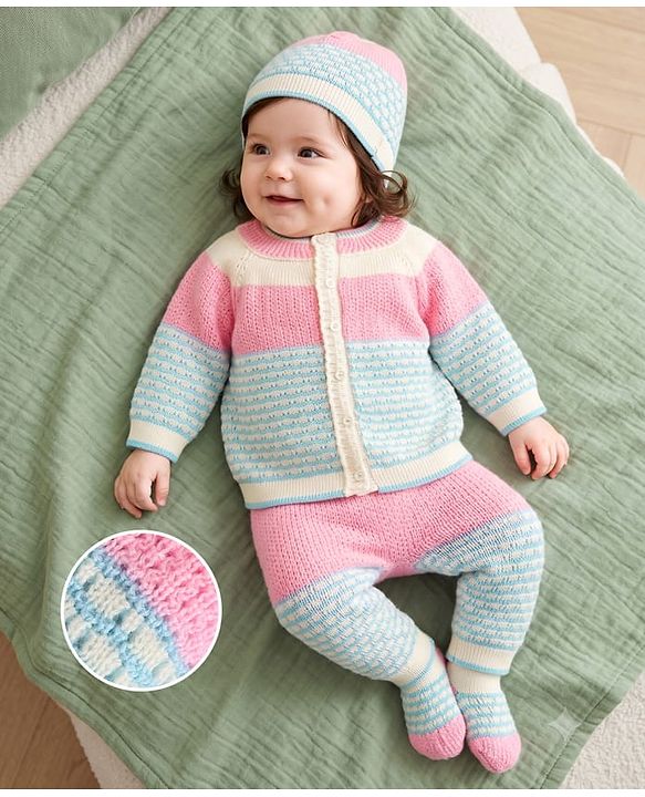 Babyhug Knit Full Sleeves Colour Block Designed Sweater Set with Cap & Booties - Pink