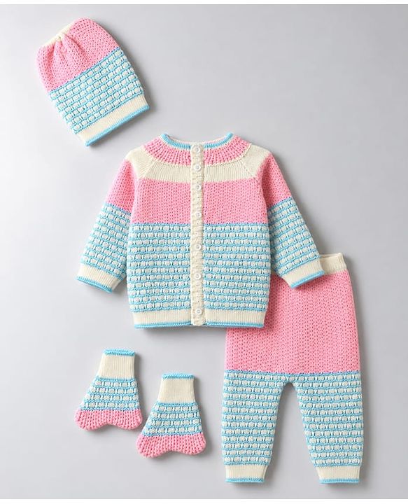Babyhug Knit Full Sleeves Colour Block Designed Sweater Set with Cap & Booties - Pink