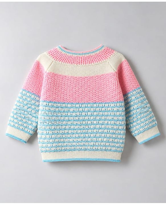 Babyhug Knit Full Sleeves Colour Block Designed Sweater Set with Cap & Booties - Pink