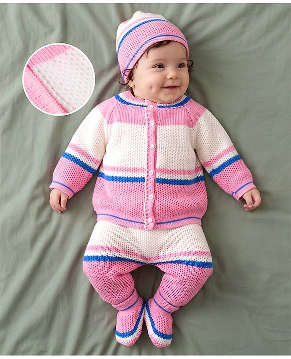 Babyhug Knit Full Sleeves Sweater set with  Striped Design - Pink