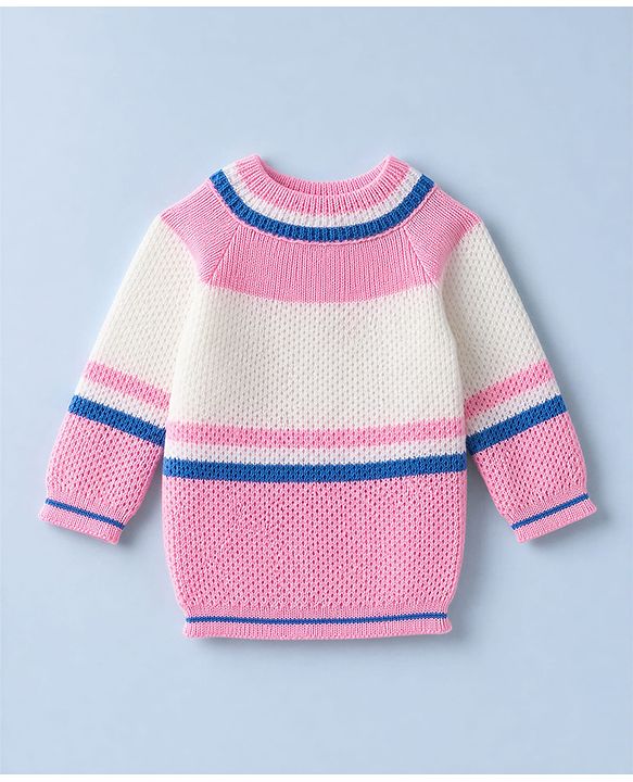 Babyhug Knit Full Sleeves Sweater set with  Striped Design - Pink