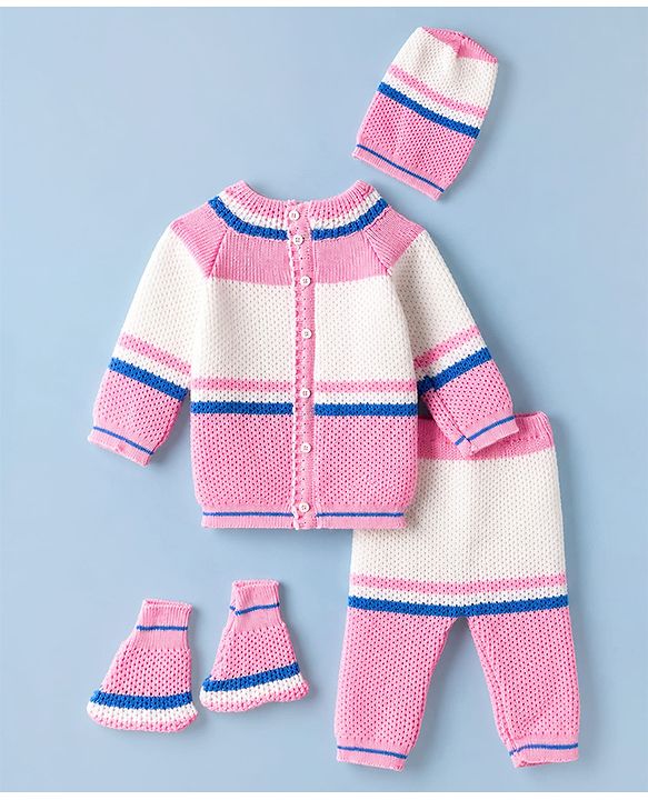Babyhug Knit Full Sleeves Sweater set with  Striped Design - Pink