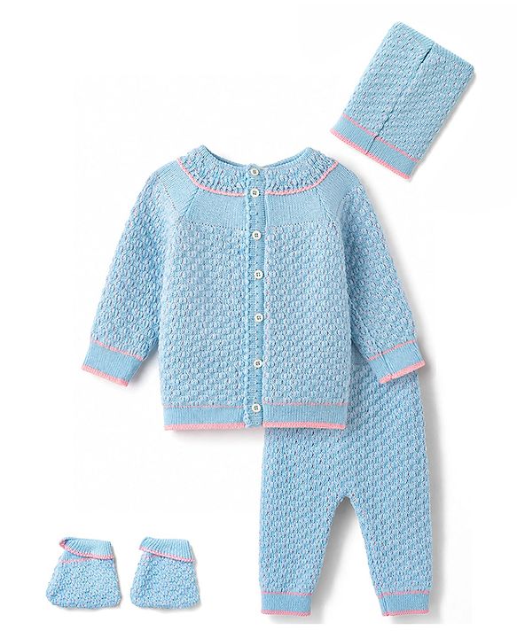 Babyhug Knit Full Raglan Sleeves Front Open Striped Sweater Set With Cap & Booties - Light Blue