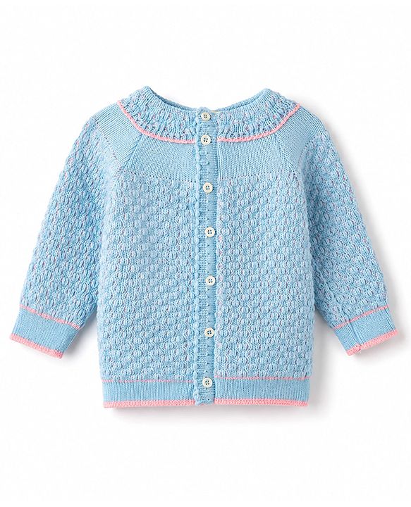 Babyhug Knit Full Raglan Sleeves Front Open Striped Sweater Set With Cap & Booties - Light Blue