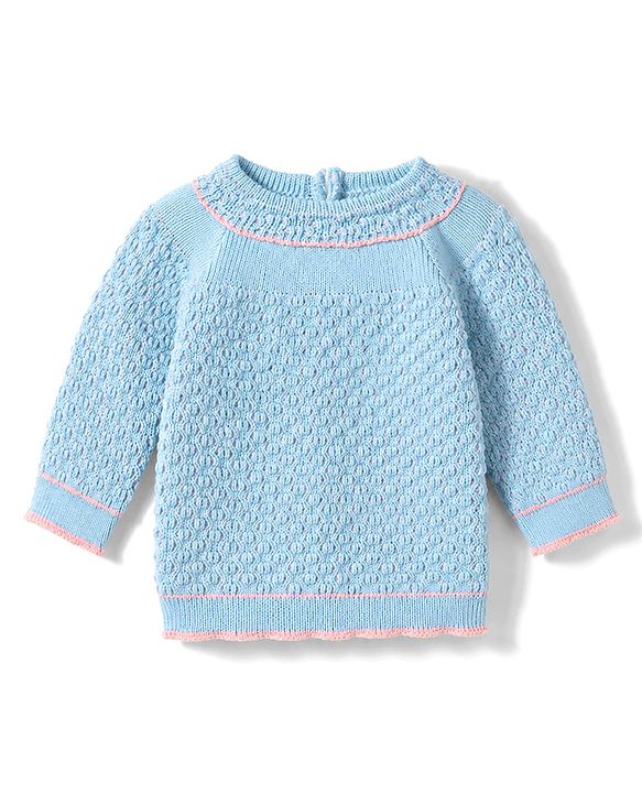 Babyhug Knit Full Raglan Sleeves Front Open Striped Sweater Set With Cap & Booties - Light Blue