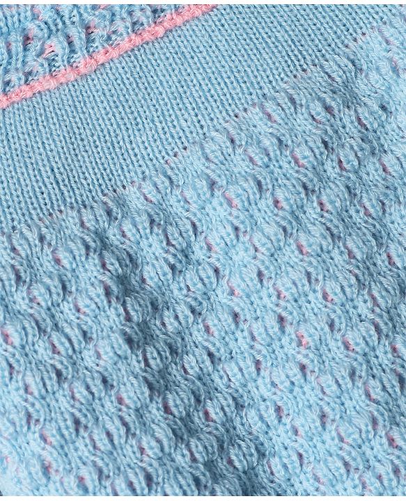 Babyhug Knit Full Raglan Sleeves Front Open Striped Sweater Set With Cap & Booties - Light Blue