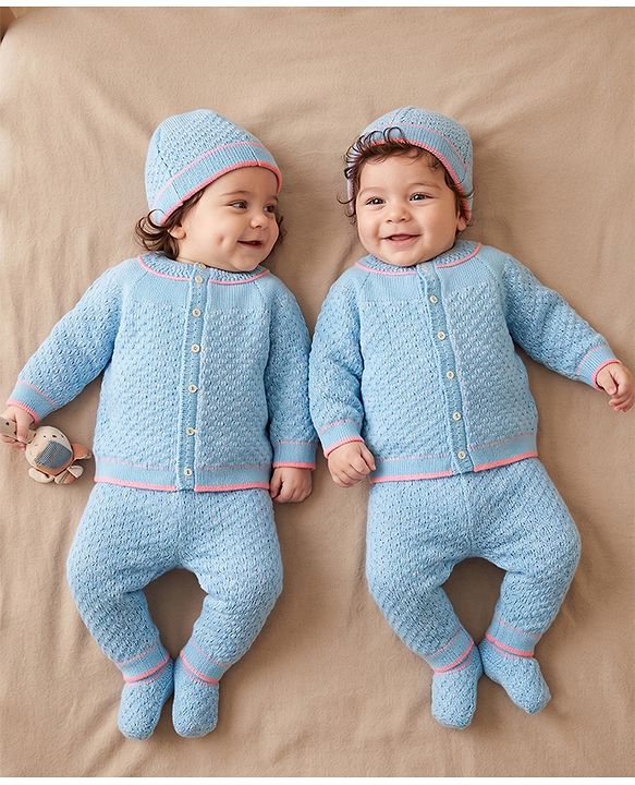 Babyhug Knit Full Raglan Sleeves Front Open Striped Sweater Set With Cap & Booties - Light Blue