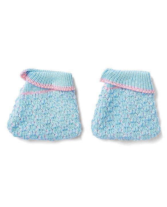 Babyhug Knit Full Raglan Sleeves Front Open Striped Sweater Set With Cap & Booties - Light Blue
