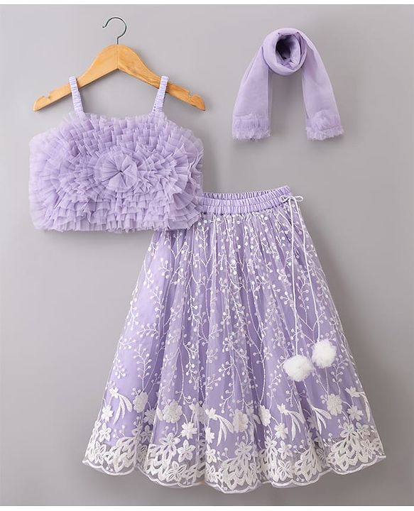 Babyhug Net Woven Sleeveless Choli Lehenga Set with Floral Embroidery & Dupatta - Lavender