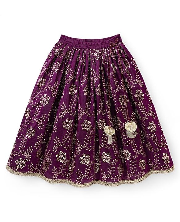 Babyhug Chanderi Woven Half Sleeves Floral Embroidered Choli & Lehenga Set With Dupatta - Wine