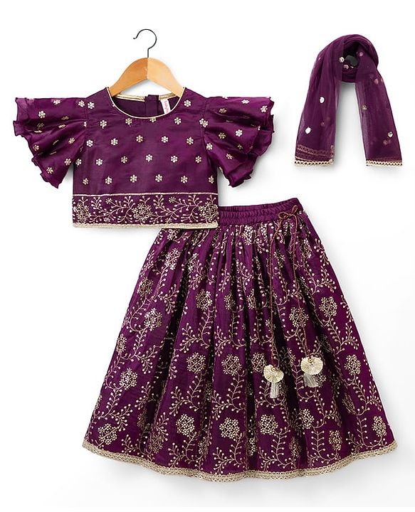 Babyhug Chanderi Woven Half Sleeves Floral Embroidered Choli & Lehenga Set With Dupatta - Wine