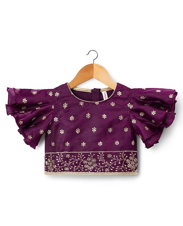 Babyhug Chanderi Woven Half Sleeves Floral Embroidered Choli & Lehenga Set With Dupatta - Wine