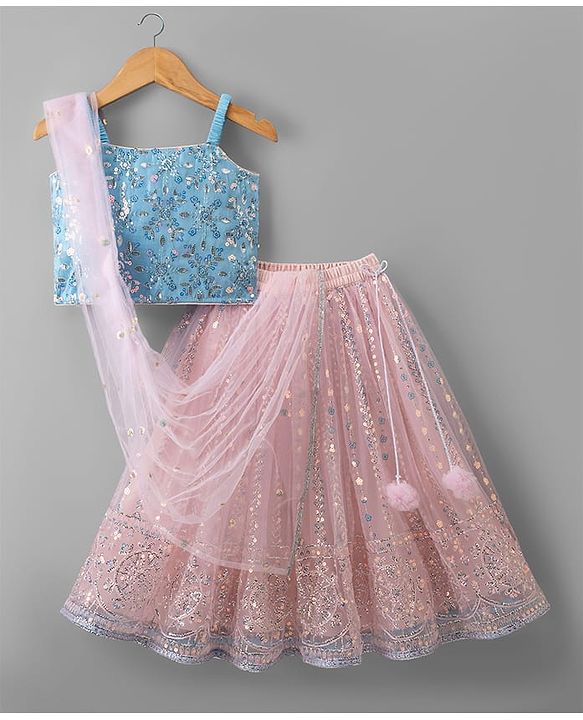 Babyhug Net Woven Sleeveless Choli Lehenga Set with Sequin Detailing & Dupatta - Pink