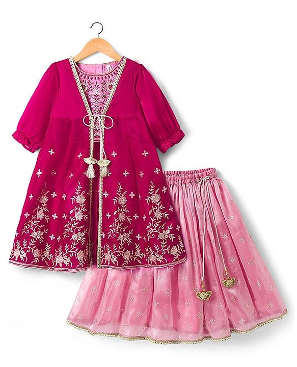 Babyhug Net Woven Choli Legenga Set with Floral Embroidery & Three Fourth Sleeves Jacket - Pink