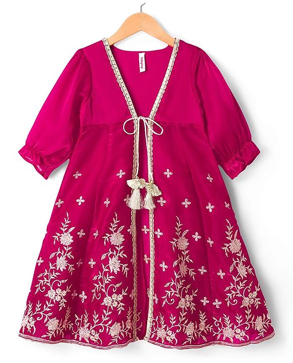 Babyhug Net Woven Choli Legenga Set with Floral Embroidery & Three Fourth Sleeves Jacket - Pink
