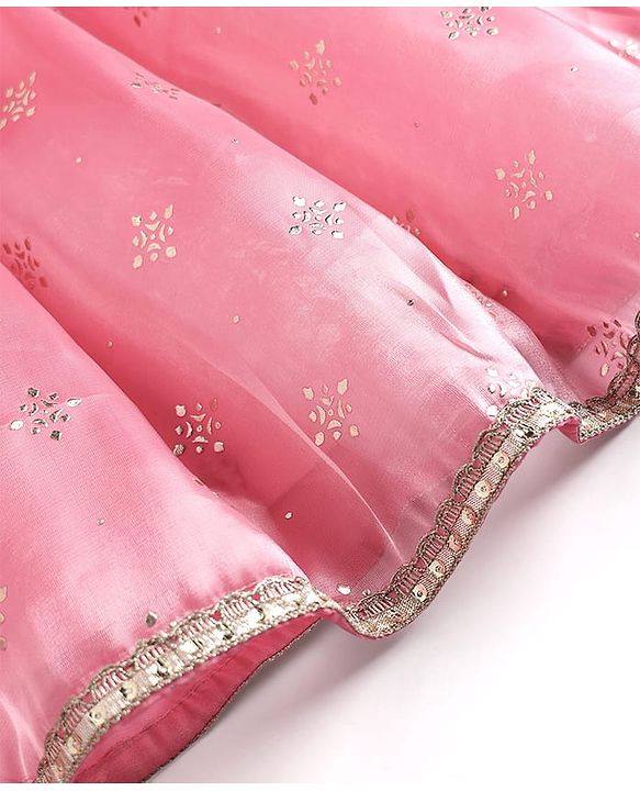 Babyhug Net Woven Choli Legenga Set with Floral Embroidery & Three Fourth Sleeves Jacket - Pink