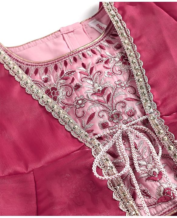 Babyhug Net Woven Choli Legenga Set with Floral Embroidery & Three Fourth Sleeves Jacket - Pink