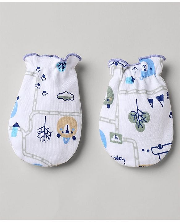 Babyhug 100% Cotton Interlock Knit Mittens & Booties with Animal Vehicle Print - White