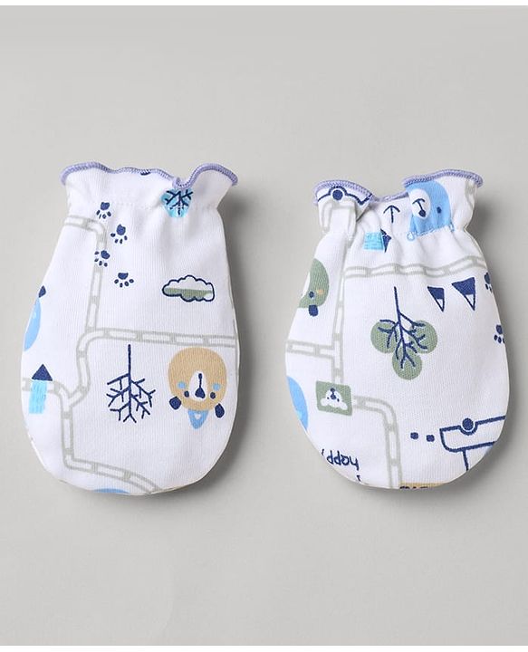 Babyhug 100% Cotton Interlock Knit Mittens & Booties with Animal Vehicle Print - White