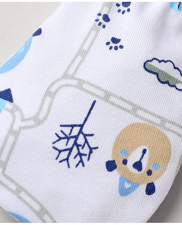 Babyhug 100% Cotton Interlock Knit Mittens & Booties with Animal Vehicle Print - White