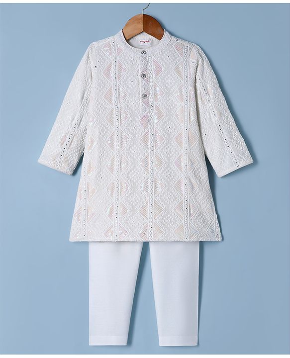 Babyhug Georgette Woven Full Sleeves Embroidered Kurta Pyjama Set With Sequin Detailing - White