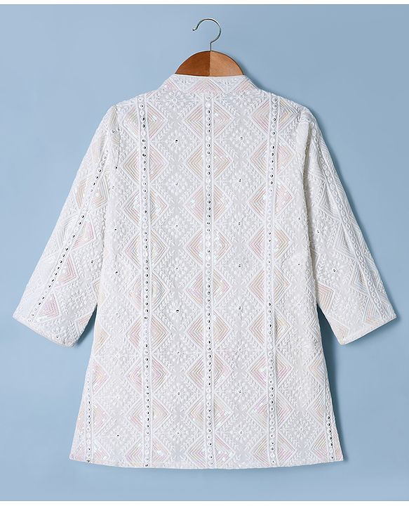 Babyhug Georgette Woven Full Sleeves Embroidered Kurta Pyjama Set With Sequin Detailing - White