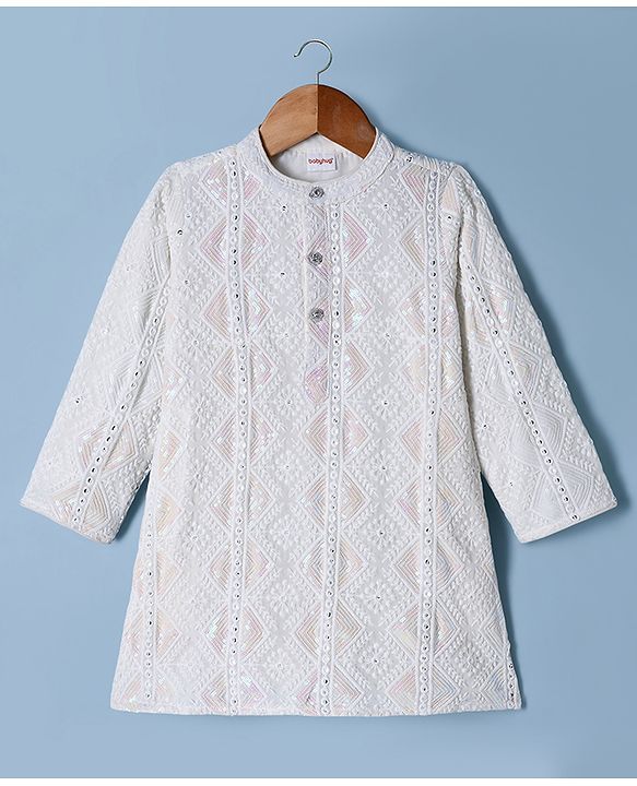 Babyhug Georgette Woven Full Sleeves Embroidered Kurta Pyjama Set With Sequin Detailing - White