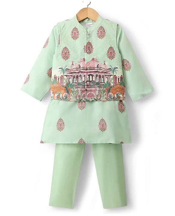 Babyhug Woven Full Sleeves Kurta Pyjama Set with Embroidered & Printed Nehru Jacket - Green