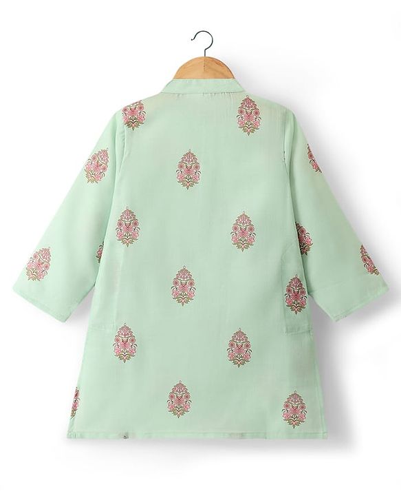 Babyhug Woven Full Sleeves Kurta Pyjama Set with Embroidered & Printed Nehru Jacket - Green