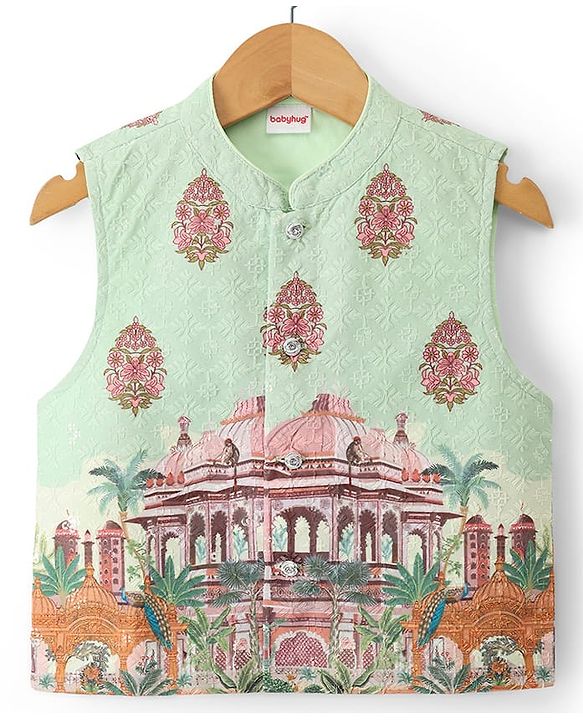 Babyhug Woven Full Sleeves Kurta Pyjama Set with Embroidered & Printed Nehru Jacket - Green