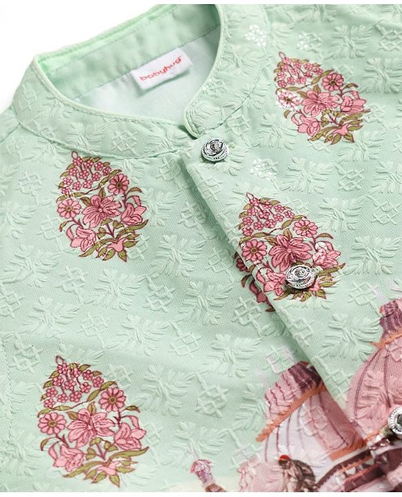 Babyhug Woven Full Sleeves Kurta Pyjama Set with Embroidered & Printed Nehru Jacket - Green
