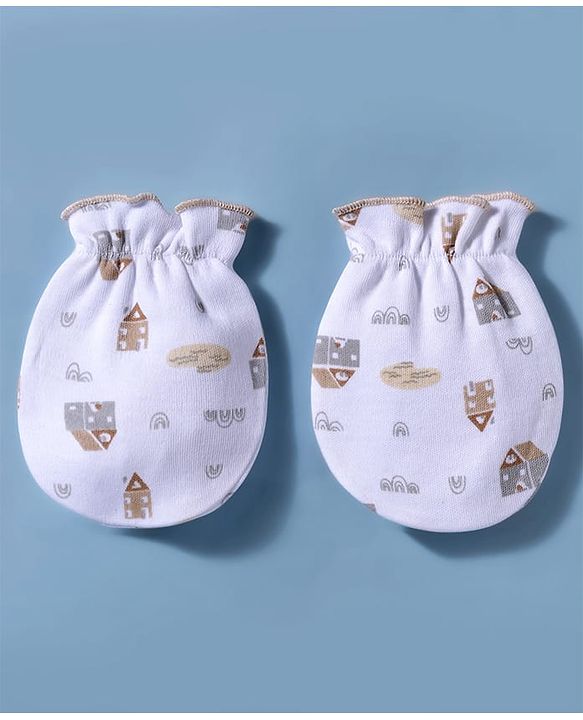Babyhug 100% Cotton Interlock Knit Mittens and Booties Set With Rainbow Print - White